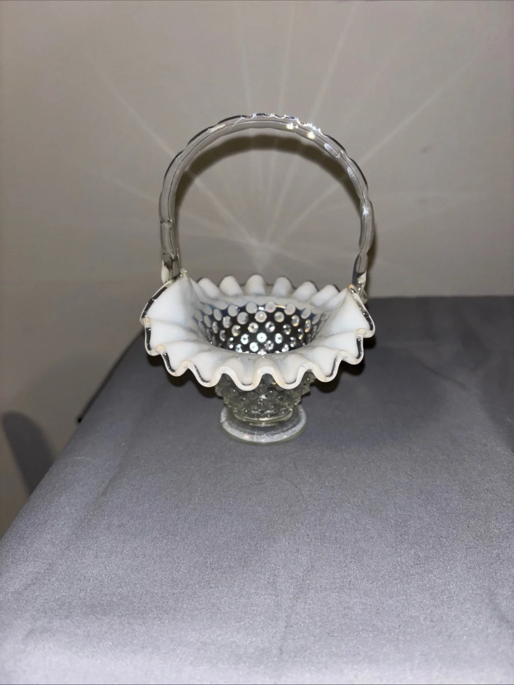 Fenton White Hobnail Milk Glass Basket with Clear Handle